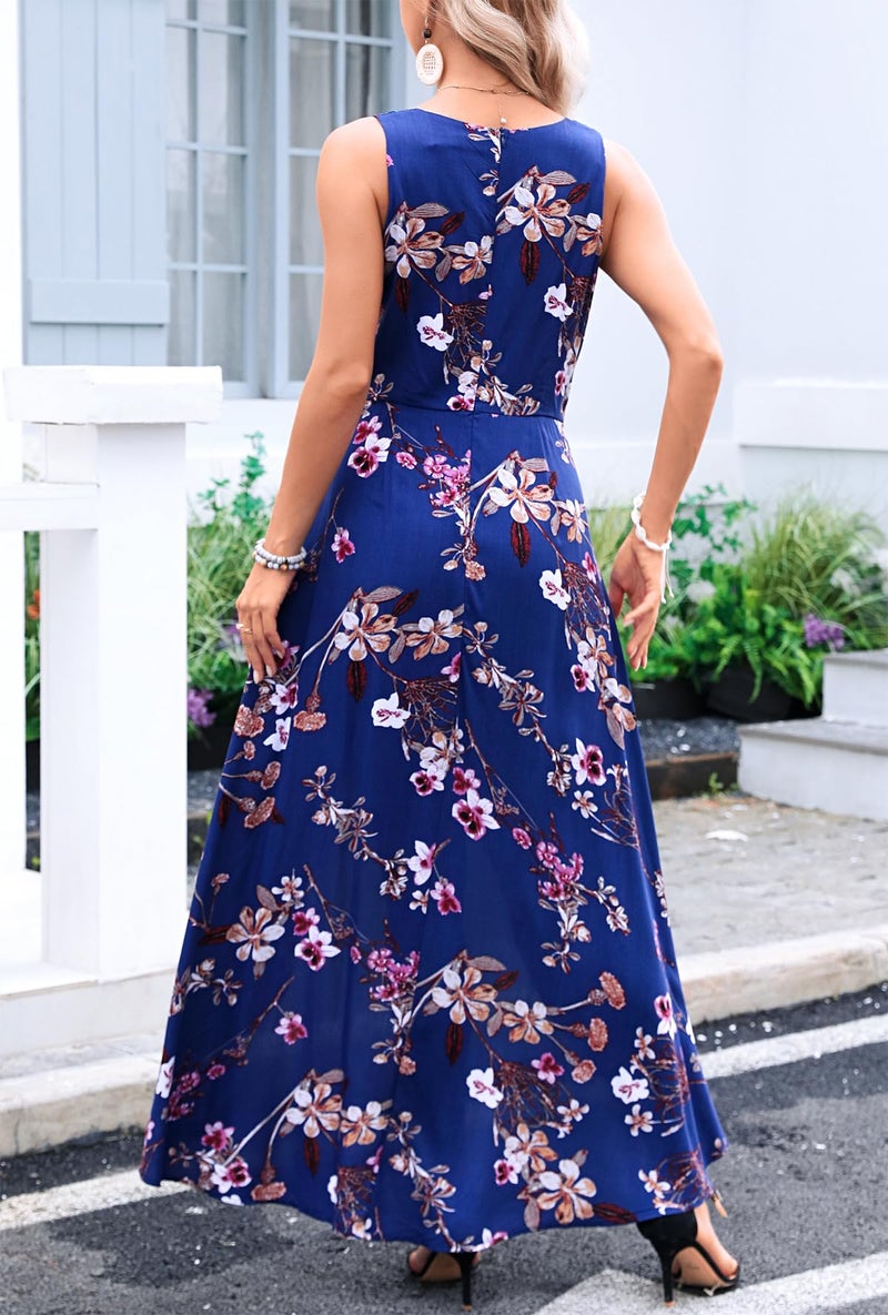Kormei Womens Sleeveless Scoop Neck Floral Rayon Party Split Maxi Romper Dress M Blue&Purple - Image 5